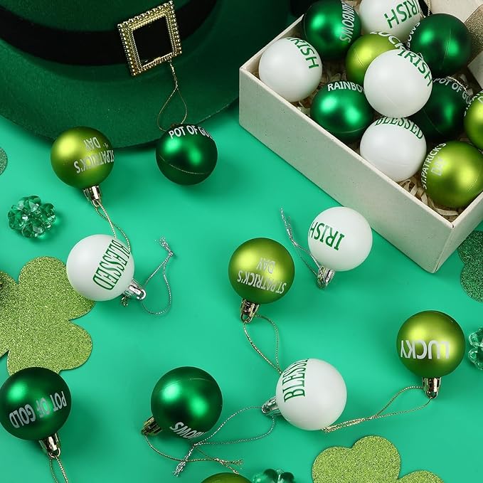 JULMELON 24 Pcs St. Patrick's Day Ornaments, 1.6 inches Shatterproof Shamrock Balls with Irish Blessings, Green White Plastic Tree Decorations for St. Patrick's Day Party, Festival