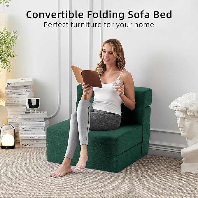 FILUXE Convertible Folding Sofa Bed-Sleeper Chair with Pillow, Modern Linen Fabric Floor & Futon Couch, Foldable Mattress for Living Room/Dorm/Guest Use/Home Office/Apartment, Single Size,Dark Green
