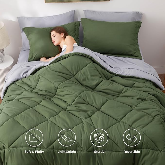 Bedsure Queen Comforter Set - 7 Pieces Reversible Olive Green Bedding, Queen Size Bed Set for All Seasons, Bed in a Bag with Down Alternative Comforter, Sheets, Pillowcases & Shams