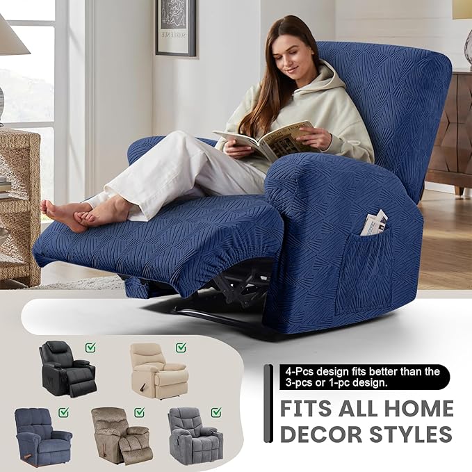VANSOFY Oversized Recliner Chair Covers, 4-Pieces Stretch Recliner Cover Jacquard Soft Reclining Chair Slipcover Furniture Protector with Elastic Bottom for Lazy Boy Recliner(Dark Blue)
