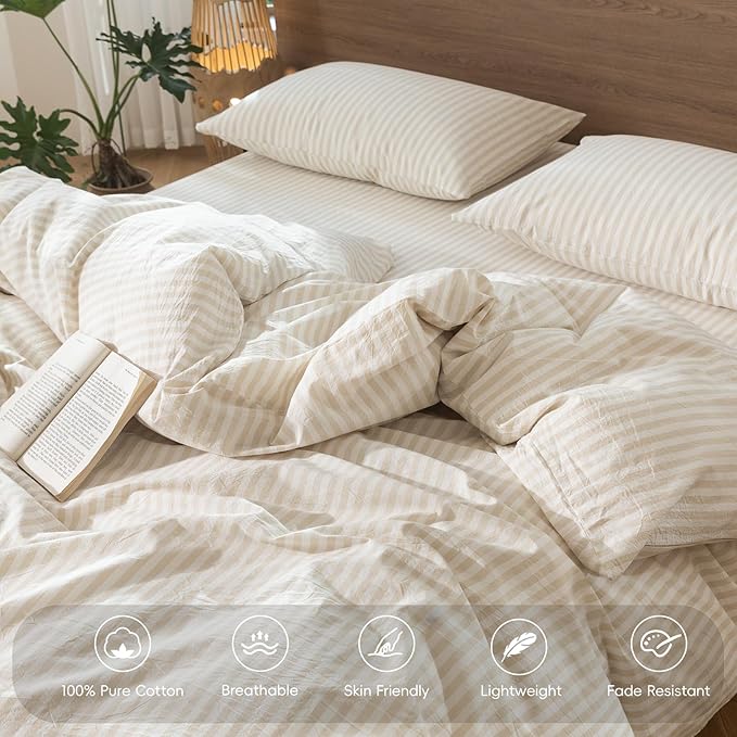 MooMee Striped Duvet Cover Set 100% Washed Cotton Linen Like Textured Breathable Durable Soft Comfy (Almond Milk Grey Classic Stripes, King 104"x90")