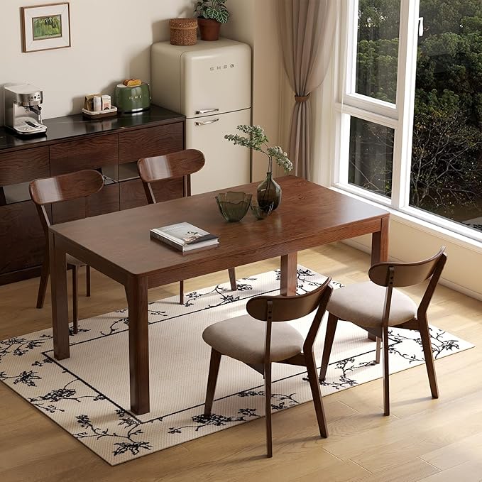 100% Solid Oak Dining Chairs, Mid Century Modern Dining Chair with Curved Backrest, Fabric Upholstered Dining Chairs for Kitchen, Study, Living Room (4, Walnut Wood-Gray Cushion)