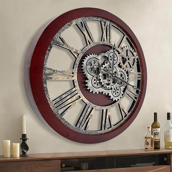 HOIBAI Large Wall Clock, Wall Clocks for Living Room Decor 30 Inch Farmhouse Vintage Rustic Kitchen Wall Decor Vintage Roman Oversized Wall Clock for Home Bedroom House , Moving Gears Clock
