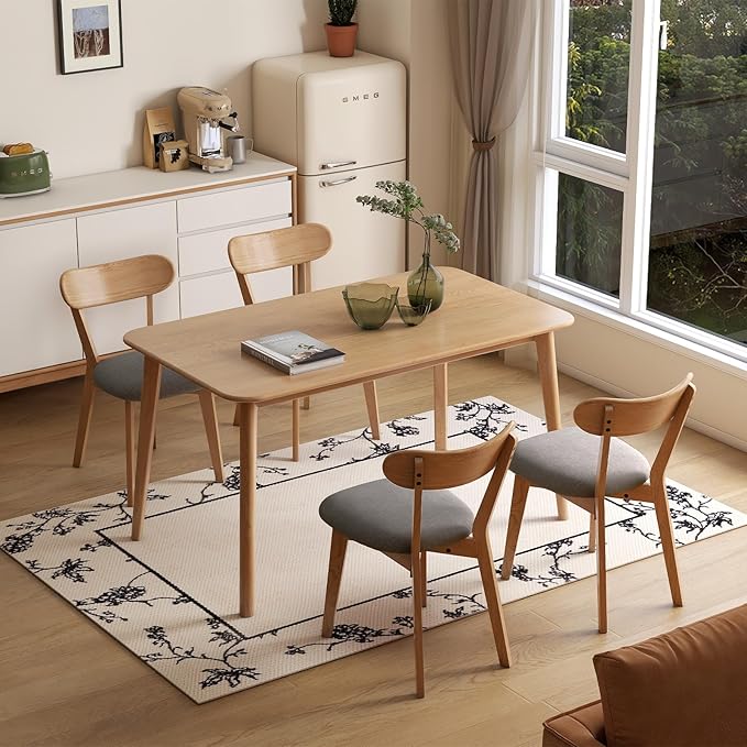 100% Solid Oak Dining Chairs, Mid Century Modern Dining Chair with Curved Backrest, Fabric Upholstered Dining Chairs for Kitchen, Study, Living Room (2, Original Wood-Dark Gray Cushion)