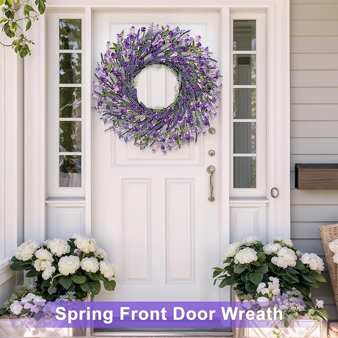 26 Inch Lavender Wreath Summer Spring Wreaths for Front Door Wreaths for Front Door for Wedding Farmhouse (Purple Lavender)