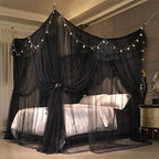 VETHIN 4 Corners Post Ruffle Princess Bed Canopy Curtain-Double Layer Cozy Drape Netting 4 Opening Mosquito Net for Girls Adults Bedroom Decoration (Double-Black,47" W*78" L*82" H/Twin)