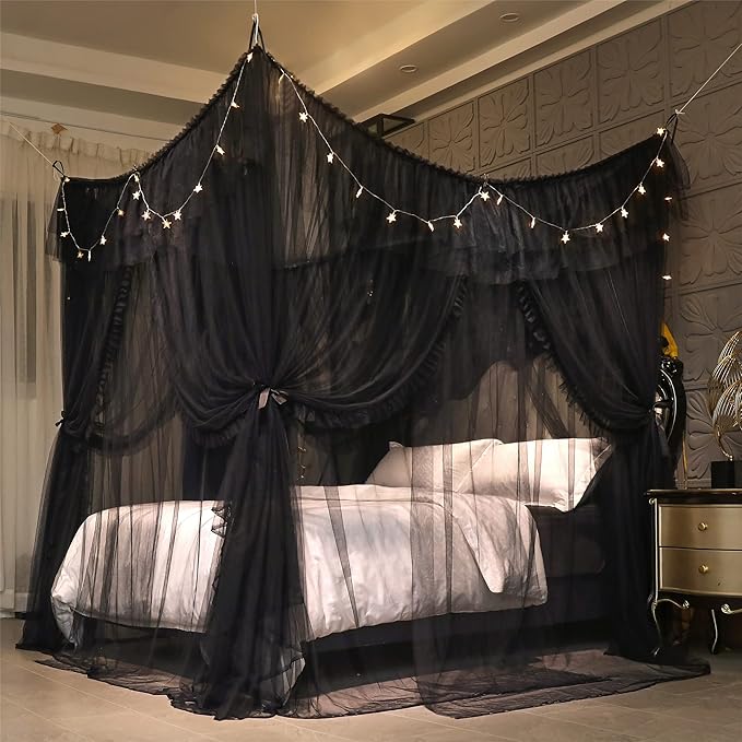 VETHIN 4 Corners Post Ruffle Princess Bed Canopy Curtain-Double Layer Cozy Drape Netting 4 Opening Mosquito Net for Girls Adults Bedroom Decoration (Double-Black, 53" W*78" L*82"*H/(Full))