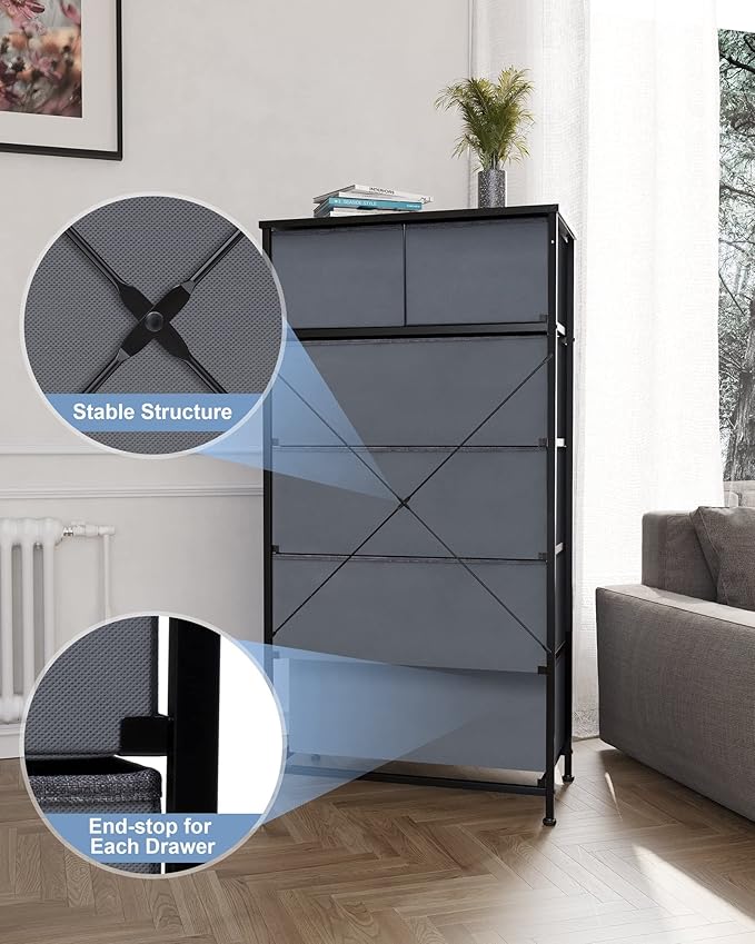Crestlive Products Vertical Dresser Storage Tower - Sturdy Steel Frame, Wood Top, Easy Pull Fabric Bins, Wood Handles - Organizer Unit for Bedroom, Hallway, Entryway, Closets - 6 Drawers (Gray)