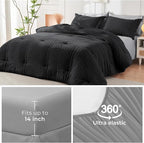 HYMOKEGE Black/Light Grey Queen Comforter Set Seersucker 7 Pieces, All Season Luxury Bed in a Bag Queen for Bedroom, Bedding Set with Comforter, Sheets, Pillowcases & Shams