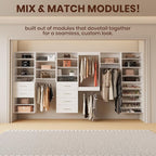ROOMTEC Modular Closet System, 66" Closet Organizer with Hanging Rods, Wall-Mounted Wooden Tower for Walk-In Closets, Wardrobe Storage Kit, White
