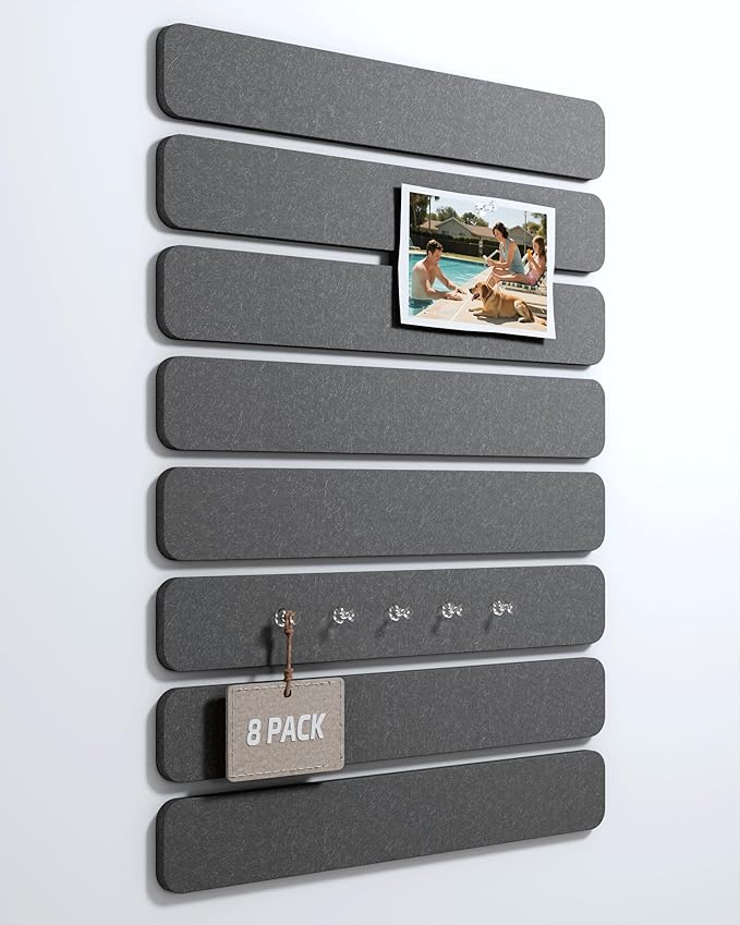 Fluxynara Cork Board Alternative Felt Strip Board 8-Pack 13"x2", Office Pin Board with 50 Push Pins, Adhesive Install for Bedroom Door & Home Office(Charcoal Gray)