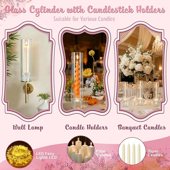 24 Set Glass Hurricane Candle Holders - 12" Tall Clear Glass Candlestick Holders for Taper Candles with Cylinder Chimney for Wedding, Party, and Home Table Centerpiece Decoration