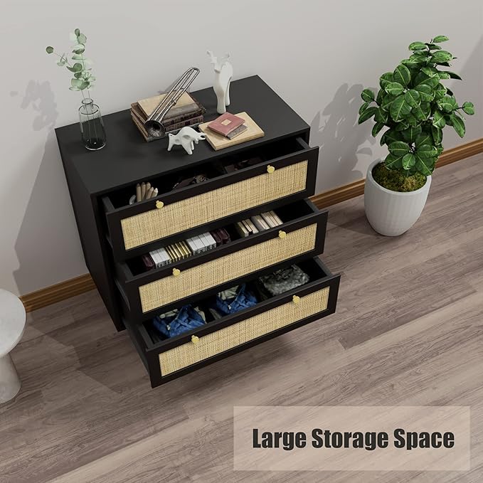 Anmytek Black Dresser for Bedroom with 3 Drawers, Modern Wood 3 Drawer Dresser, Black Chest of Drawer with Spacious Storage Rattan Dresser for Bedroom Living Room H0075