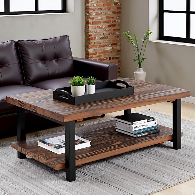 Pomona Rustic Industrial 2-Tier Rectangular Coffee Table – 48” Solid Wood Top with Shelf, Metal Legs, and Reclaimed Finish – Farmhouse Style Living Room Furniture