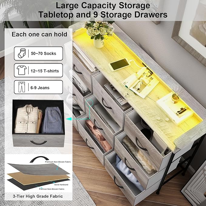 EXOTICA Dresser with Charge Station 9 Drawers Dresser for Bedroom with LED Lights Tall Wide Fabric Dressers & Chests of Drawers for Closet Hallway Entryway Sturdy Steel Frame Wood Top