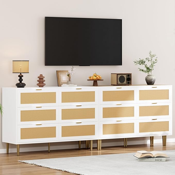 GarveeHome Rattan 6 Drawer Dresser, Modern Chest of Drawers with Gold Legs and Gold Handles, Wide Double Dresser with Large Tabletop and Anti-Tipping Design for Bedroom Living Room, White