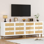 GarveeHome Rattan 6 Drawer Dresser, Modern Chest of Drawers with Gold Legs and Gold Handles, Wide Double Dresser with Large Tabletop and Anti-Tipping Design for Bedroom Living Room, White