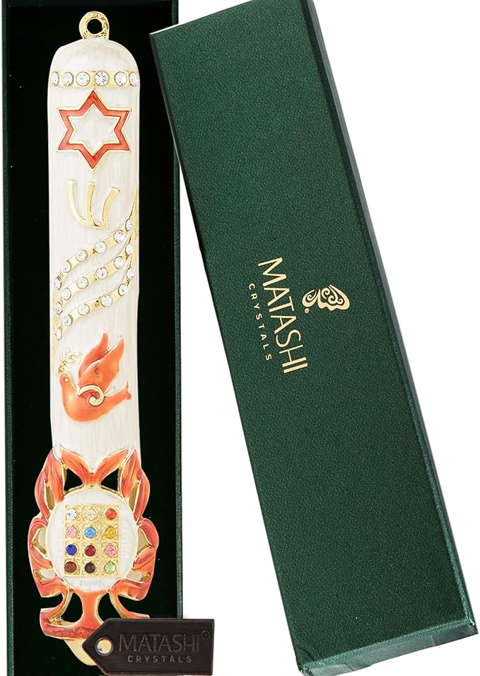 Matashi Hand Painted 5.7" Red and White Dove Mezuzah Embellished with Gold Accents and a Star of David w/Crystals Home Door Wall Decor Present House Blessing Gift for Holiday Festival