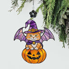 Halloween Cat Pumpkin Stained Glass Style Ornament, Acrylic Window Hanging Suncatcher Decoration, Cute Witch Cat on Jack O’Lantern Decor for Christmas Tree, Garden, Gift for Women Mom Birthday Holiday