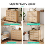 LINSY HOME Rattan Dresser with 8 Deep Drawers, 54" Wide Long Chest of Drawers, Mid Century Modern Tall Dresser, Large Wood Boho Storage Cabinet for Bedroom with Metal Handle and Durable Legs, Oak