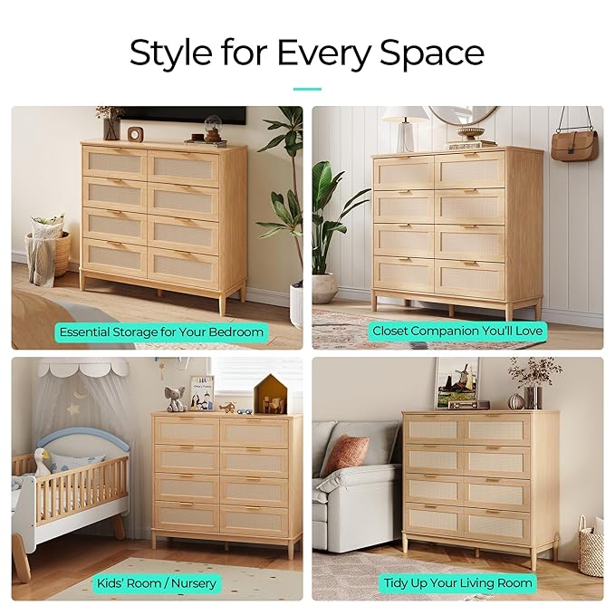 LINSY HOME Rattan Dresser with 8 Deep Drawers, 54" Wide Long Chest of Drawers, Mid Century Modern Tall Dresser, Large Wood Boho Storage Cabinet for Bedroom with Metal Handle and Durable Legs, Oak
