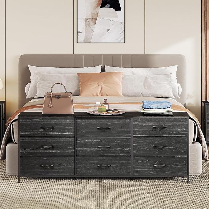 WLIVE 63''W Dresser for Bedroom, Black Dresser TV Stand for 65, 70, 75 inch TV, Wide Chest of Drawers with 9 Drawer, Large Entertainment Center, Fabric Dressers with Wood Top for Closet, Living Room