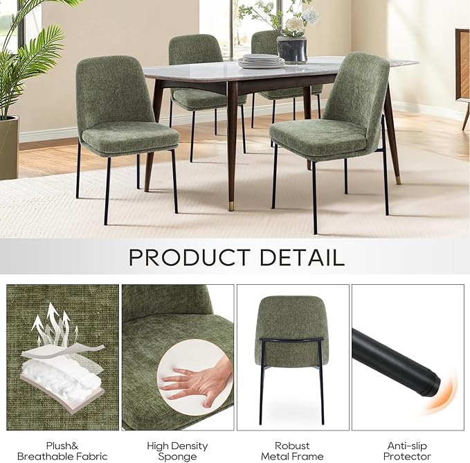 COLAMY Dining Chairs Set of 2, Modern Dining Chairs, Fabric Upholstered Dining Chairs, Kitchen Chairs with Curved Back and Metal Legs for Dining Room Kitchen Restaurant, Green
