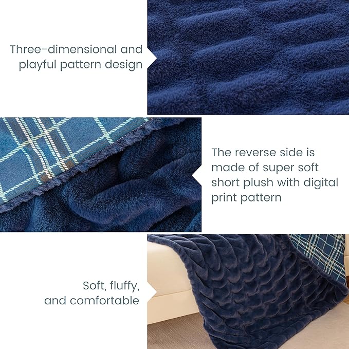 Sophia & William Ruched Faux Fur Throw Blanket Bed Blanket - Luxury Lightweight Plush Fuzzy Cozy Soft Blankets, Blue, 60" x 80"