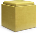 SIMPLIHOME Rockwood Cube Storage Ottoman with Tray - 17 inch Wide Upholstered Velvet Fabric Square Storage Ottoman in Dijon Yellow, Contemporary Cube Ottoman for Living Room with Serving Tray