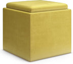 SIMPLIHOME Rockwood Cube Storage Ottoman with Tray - 17 inch Wide Upholstered Velvet Fabric Square Storage Ottoman in Dijon Yellow, Contemporary Cube Ottoman for Living Room with Serving Tray