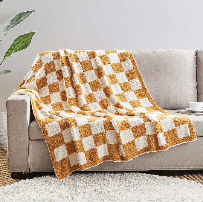 CozeCube Super Soft Fullfy Microfiber Reversible Knitted Blankets, Warm Cozy Fuzzy Plush Throw, Orange and White Checkered Throw Blanket for Couch Bed Sofa, 60" x 80"