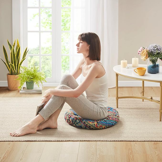 Codi Meditation Floor Pillow, Boho Pillows Seating for Adults and Kids, Large Cushion for Yoga Living Room Tatami Sitting, Memory Foam Added, 22x22 Inch Pack of 2, Round - Multi Blaidiere