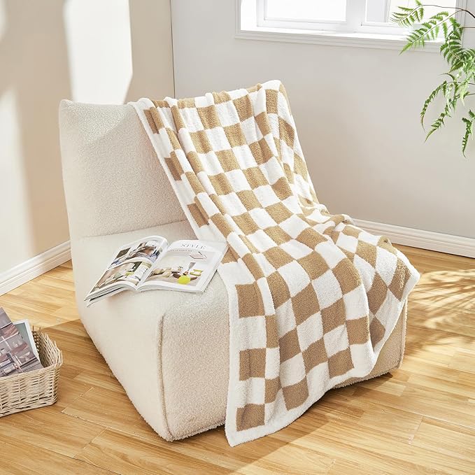 CozeCube Super Soft Fullfy Microfiber Reversible Knitted Blankets, Warm Cozy Fuzzy Plush Throw, Beige and White Checkered Throw Blanket for Couch Bed Sofa, 50" x 60"