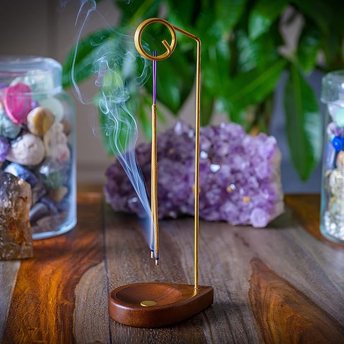 Curawood Incense Holder for Sticks - 11.4" Tall Reverse Style Incense Burner Holder with Mess Free Ash Catcher Tray - Modern & Minimalist Design Incense Sticks Holder with Brass & Walnut Wood Elements