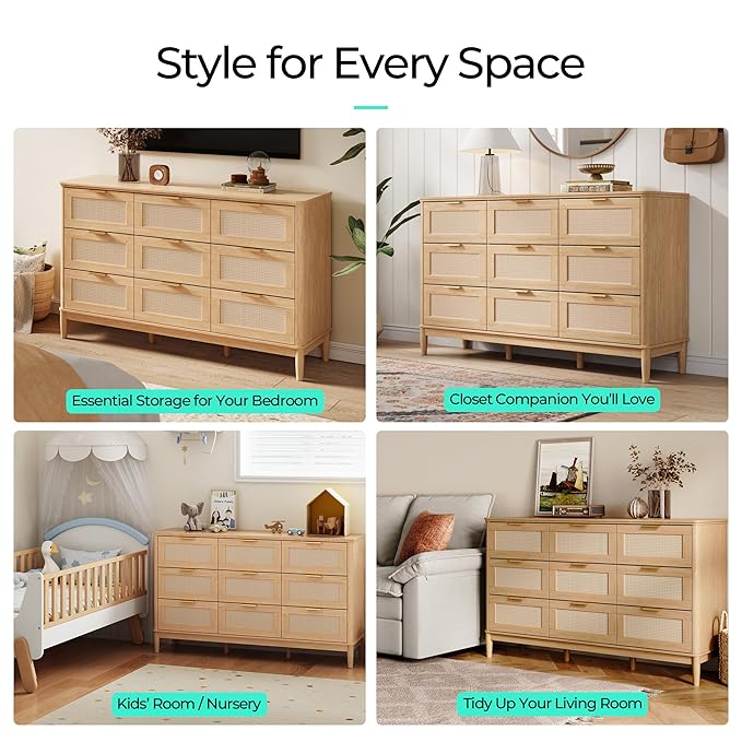 LINSY HOME Rattan Dresser with 9 Deep Drawers, 58" Wide Long Chest of Drawers, Mid Century Modern Tall Dresser, Large Wood Boho Storage Cabinet for Bedroom with Metal Handle and Durable Legs, Oak