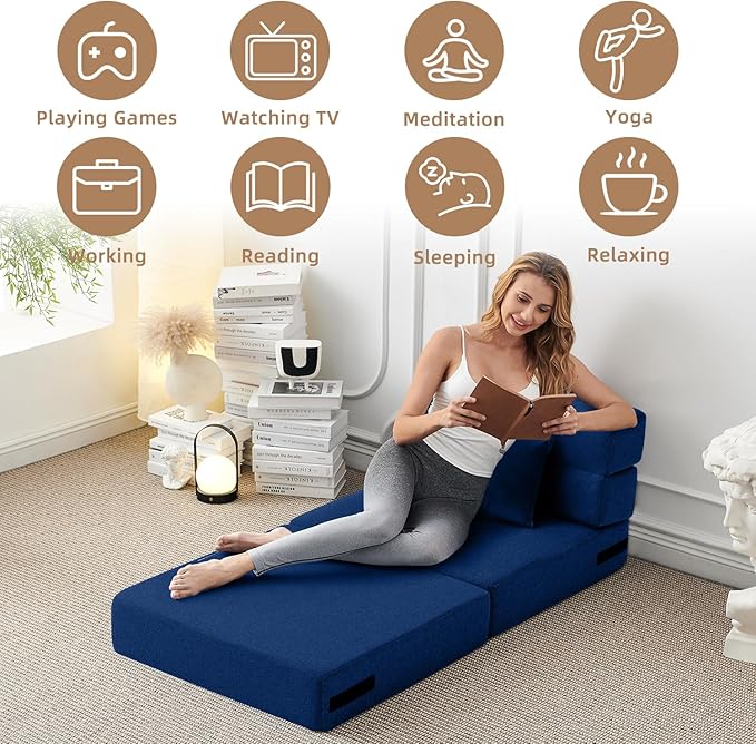 FILUXE Convertible Folding Sofa Bed - Sleeper Chair with Pillow, Modern Linen Fabric Floor & Futon Couch, Foldable Mattress for Living Room/Dorm/Guest Use/Home Office/Apartment, Single Size, Navy Blue