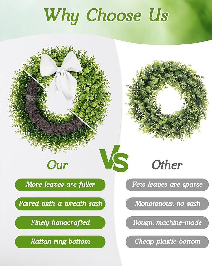 Vlorart 22 Inch Boxwood Wreaths for Front Door, Artificial Spring Wreath with Sash for Porch Window Wall Farmhouse Wedding Home Decorations, Summer Green Wreath for Year Round Indoor & Outdoor