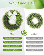 Vlorart 22 Inch Boxwood Wreaths for Front Door, Artificial Spring Wreath with Sash for Porch Window Wall Farmhouse Wedding Home Decorations, Summer Green Wreath for Year Round Indoor & Outdoor