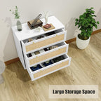 Anmytek White Dresser for Bedroom with 3 Drawers, Modern Wood 3 Drawer Dresser, White Chest of Drawer with Spacious Storage Rattan Dresser for Bedroom H0072