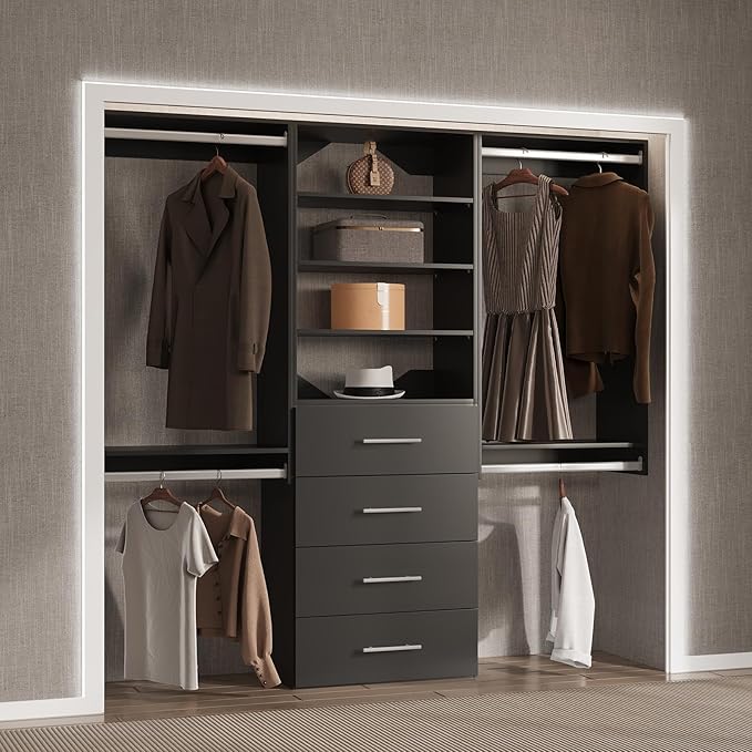Modular Closet Organizer, 66" Wide with Hanging and Drawers, Wood Tower Storage for Walk-in Closets, Wall-Mounted Black Wardrobe Kit