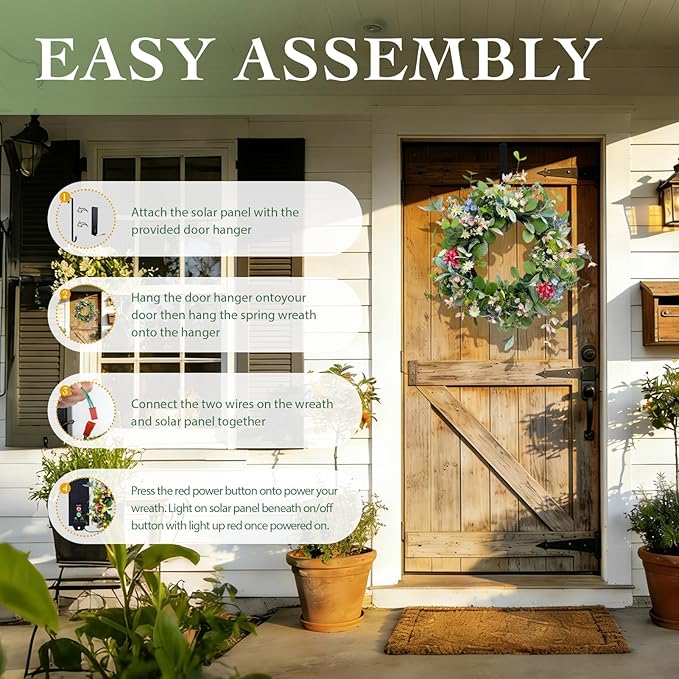 Solar Spring Wreath for Front Door 24inch Pre-lit 50LED Spring Summer Decorations Artificial Wreath Colorful Daisy for Outside Home Decor Festival Farmhouse Decor(2408)