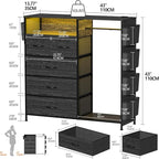 Dresser for Bedroom with Clothes Rack Side Pockets 5 Drawer Dresser with Charging Station LED Lights Black Storage Chest of Drawers for Nursery Hallway Closet Sturdy Steel Frame Wood Top