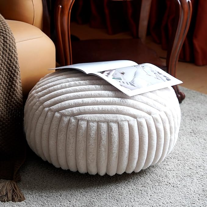 Unstuffed Pouf Ottoman Cover Soft Storage Extra Seat Farmhouse Comfortable Bohemian Poufs Accent Footrest 20x20x8 Inches for Living Room Bedroom Study Nook (Beige B, Round)