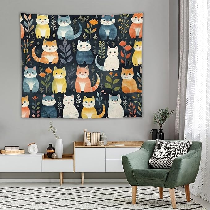 VUMIVI Cartoon Abstract Cat Tapestry Fun Cute Animals Plants Bohemian Modern Art Color Illustration Tapestry Wall Hanging for Living Room Bedroom Dorm Classroom Aesthetic Decor W60xL50in