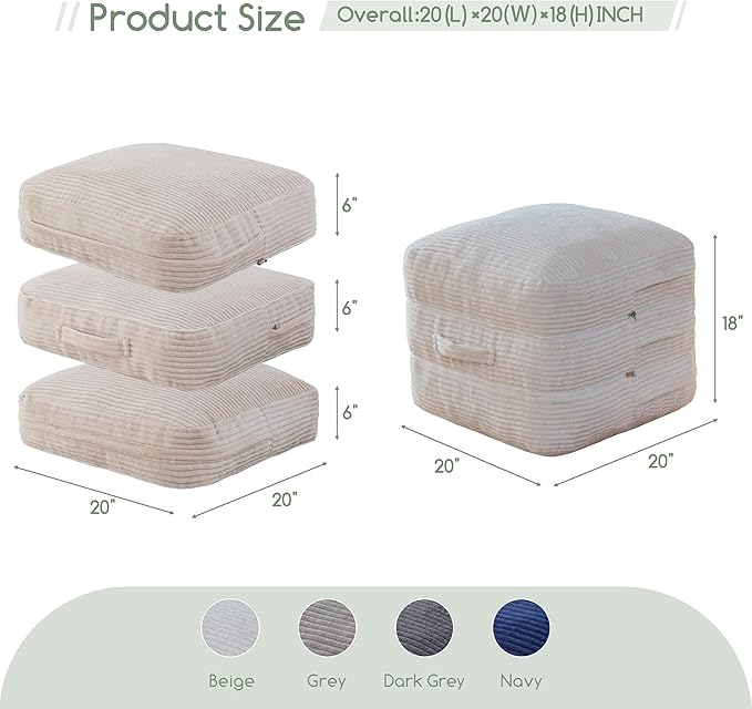HIGOGOGO Pouf Ottoman Stuffed Square Modern Foam Filled Foot Rest Poufs 20 X 18 Inches Modular Ottomans Separated Into Floor Cushions for Living Room Chair Decorative Stool, Beige