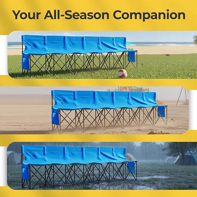 Folding Bench Seat with 2 Pockets for Easy Storage – Portable Lightweight Weather Resistant Sideline Seating Team Bench with a Carrying Bag for Soccer | Baseball | Camping