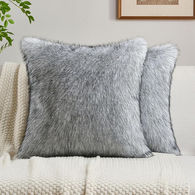 FUTEI Black White Decorative Throw Pillow Covers 18x18 Inch Set of 2,Soft Faux Raccoon Fur Textured Cushion Case,Modern Home Luxurious Decor for Couch Bed Living Room