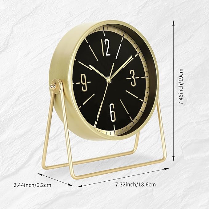 QIYAODECO® Vintage Metal Desk Clock for Bedroom, with Adjustable Angle Ticking Small Battery Operated Mantel Bedside Clock, Decorative Table Old Fashioned Style Black Decor Adult Kid Gift,Gold Black