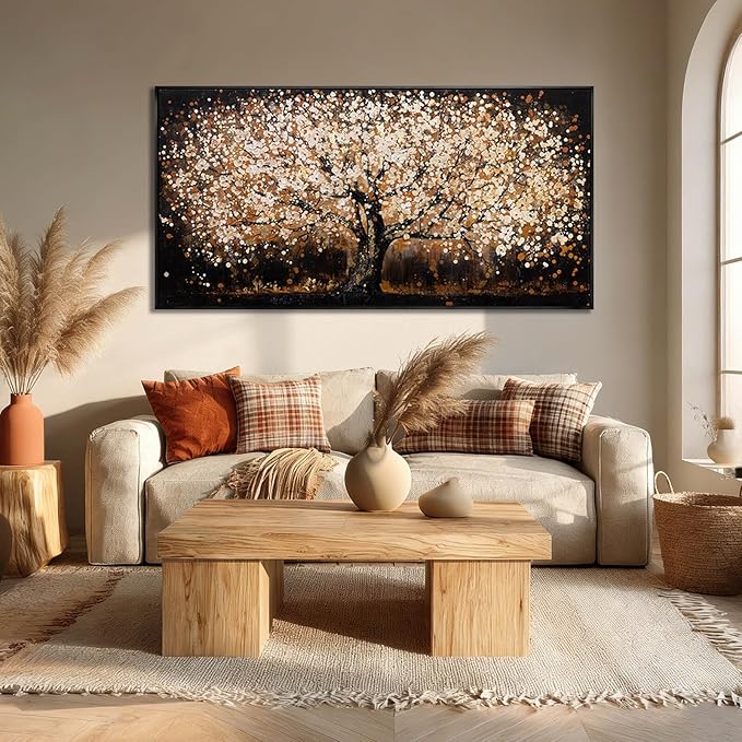 NBAODAN Gold Tree Wall Art Black Framed Canvas Wall Decor Nature Pictures Abstract Home Wall Decor Modern Artwork for Living Room Bedroom Office 24x48 Inch