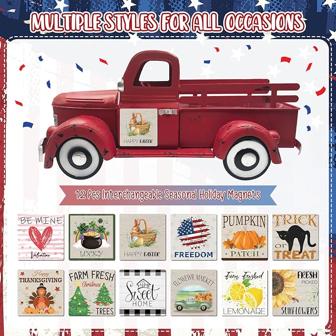 Valentine's day Truck Decor 13.4 Inch Farmhouse Vintage Metal Truck with 12 Magnets Valentines Day Table Decorations for Home Kitchen Mantel Spring Garden Interchangeable Seasonal Decor